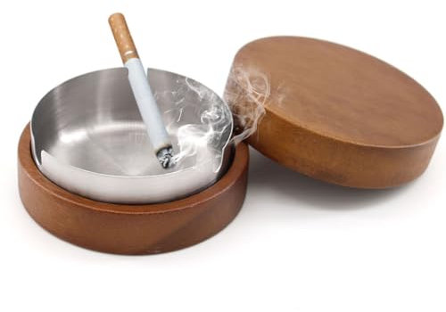 AMSNINK Aschenbecher mit Deckel für Draußen, Hölzern Ash Tray, Stainless Steel Wood Ashtray with Removable Base for Balcony, Garden, Camping