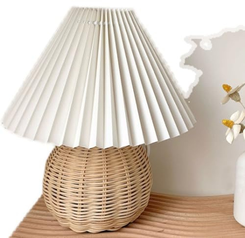 EIMSOAH Rattan Wicker Pleated Table Lamp,Modern Bedside Nightstand Lamp,Small Table Lamp for Bedroom Living Room,Side Table Rattan Pleated Aesthetic Vintage Lamp, Bulbs not Included