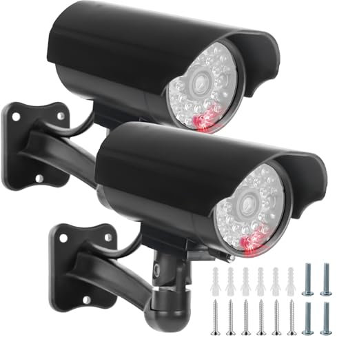 GOMETY Lot de 2 caméras factice d'extérieur avec LED clignotante rouge - Fausse caméra de surveillance - Caméra de surveillance factice - Caméra de sécurité pour l'intérieur et l'extérieur