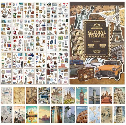 Reise Scrapbook Aufkleber Pack 300 Stücke Pre-Cut Washi Aufkleber 20PCS Scrapbook Papier, Welt Reise Aufkleber für Journaling Notebook Wasserflasche Album, Telefon Fall, Laptop, Karte Herstellung
