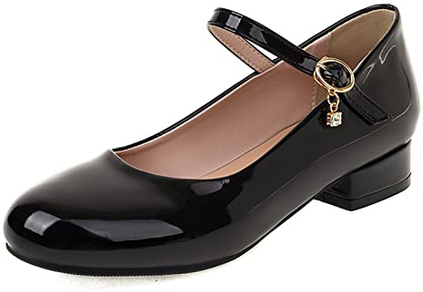 Lizoleor Mary Janes Femme Talon Carré Bas Bout Rond Bride Cheville Boucle Fille Confortable Salon Paillette Vernis Ecole Noir Taille 43 EU/45CN