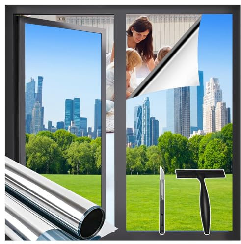 Sevenpers Window Film Privacy One Way Clear, Self Adhesive Sun Blocker Heat Control One Way Window Film Anti UV Anti Glare for Home and Office, Silver with Tools 40x200cm