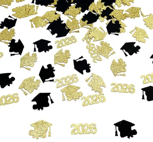 GWAWG 200 Pcs 2026 Graduation Decoration Confettis Noir et Or, Chapeau Diplôme Diplôme, pour Remise de Diplôme, Fête du Baccalauréat, Décorations de Table et Projets DIY