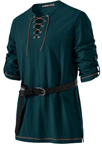 PARKLEES Disfraz de pirata vikingo medieval para hombre, estilo vintage, renacentista, camisas de Halloween