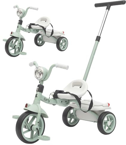 Twinly Tricycle évolutif pliable pour enfants de 1 à 5 ans, léger et compact, guidon avec lumière et son, panier et barre de poussée réglable Carly Menthe