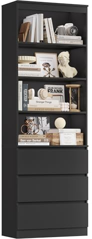FirFurd 202 cm Bücherregal Bücherschrank mit 3 Schubladen 4 Fächern Hochschrank Wohnzimmerschrank mit verstellbaren Ablagen Vitrinenschrank für Wohnzimmer Arbeitszimmer Küche 202x60x35 cm schwarz