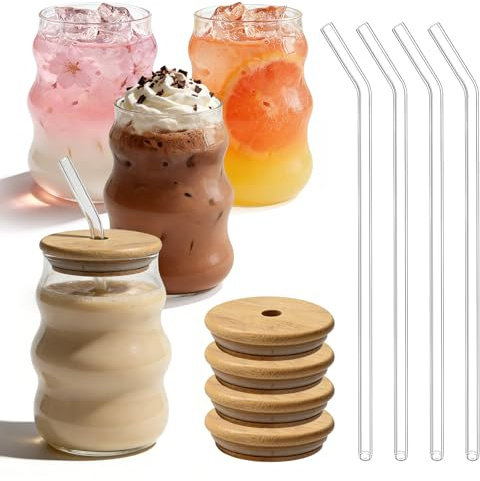 4 stycken ribbade dricksglas med glassugrör, 530 ml cocktailglas iskaffeglas med lock och sugrör, luftbubbelglas med sugrör, kaffeglas dricksglas för cocktails whiskyte