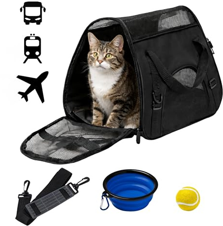 HISPAVIR | Transportin Gato | Transportin Perro Pequeño | Bebedero de Viaje + Pelota | Bolsa de Transporte Transpirable | Plegable y facil de Transportar | Apto para Avion | Color Negro