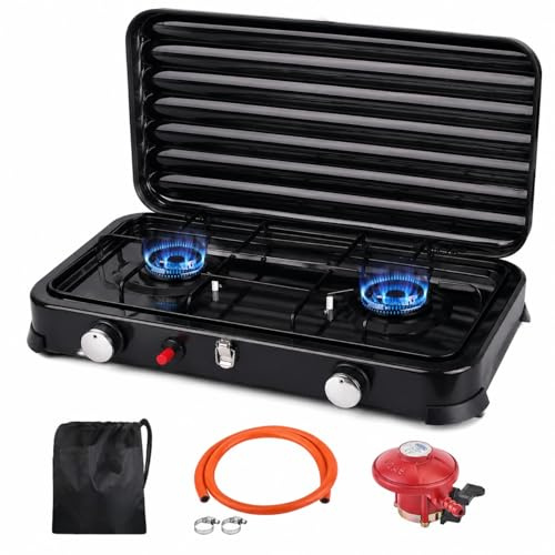 Qdreclod Réchaud Gaz-GPL Camping Portable 2 Feux, 4,4kW Rechaud Gaz Auto-Ignition, Tuyau PVC 150 cm + Régulateur 37 mbar - Réchaud Extérieur Couvercle Amovible pour Randonnée, Pêche, Pique-Nique(Noir)