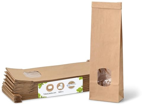 Blockbodenbeutel Größe XS mit Fenster und Clipband 500 Stück I braune Papiertüten aus Kraftpapier mit Sichtfenster und Beschichtung aus PP-Folie I Kekstüten Gebäcktüten uvm.