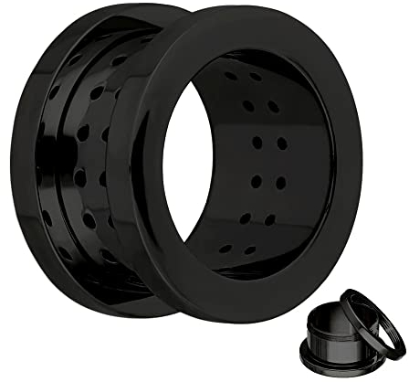 Treuheld® | 8mm Ohr Flesh Tunnel | Atmungsaktiv mit Löchern| Schwarz | Chirurgenstahl | Damen und Herren | Gewinde Schraubverschluss zum Schrauben
