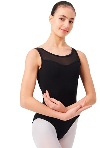tanzmuster Kinder Ballett Trikot Emilia aus weicher Baumwolle mit breiten Trägern und Netzeinsatz vorn und hinten in schwarz, Größe:116/122
