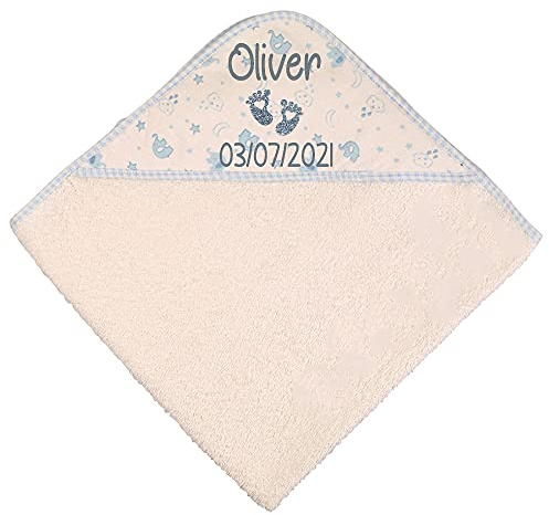 Alwaystrusted Personalised Gift Blue Elephant Baby Hooded Towel Grey Glitter Heart Feet Name and Date Boy AT-SB56-16-CG