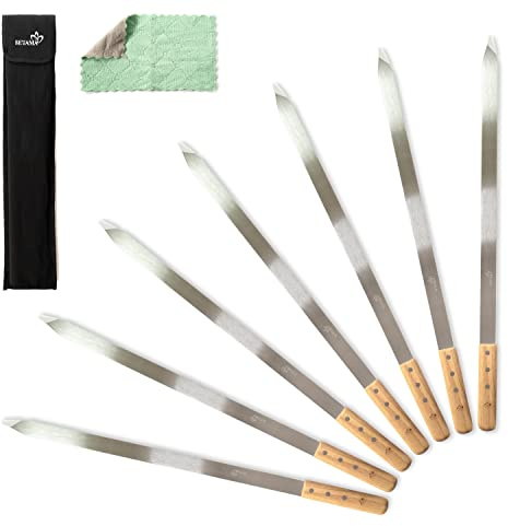 SETAMA Stainless Steel Kabob Skewers - Set of 7 - Flat 1 Inch Wide Blade - Rust Proof - Persian/Brazilian/Chicken/Shrimp Koobideh Kebab - With Tip Protectors, Canvas Storage Bag and Cleaning Cloth