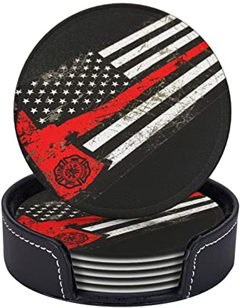 SEPTYK USA Thin Red Line Firefighter Axe Pattern Coasters for Drinks with Holder Set of 6 Leather Round 4 for Home Kitchen Decor Coffee Cup Housewarming
