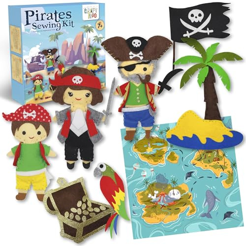Pirates Pre-Cut Fun Kids Sewing Kit for Kids Ages 8-12 Children Beginners Sewing kit Kid Crafts Make Your Own Felt Pillow Plush Craft Kit Girls and Boys Art Craft Kits Learn to Sew Kit