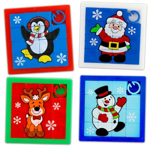 4 Stück Schiebepuzzle Kinder,Schiebe Puzzle als Kleinigkeiten für Adventskalender,Adventskalender Füllung Kinder,Motive enthält - Weihnachtsmann, Schneemann, Elch und Pinguin,Weihnachten Geschenke