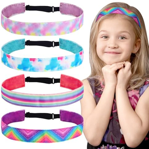 BETESSIN 4pcs Diadema Niñas Antideslizante de Arcoíris, Cinta Pelo Elástica Ajustable, para Cumpleaños, Regalo, Deporte, Fiesta Escolar, 5 a 15 Años