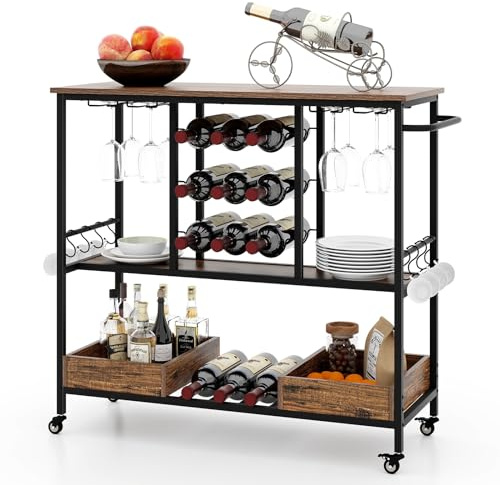 COSTWAY Carrello Bar a 3 Livelli, Carrello Portabevande con Portabicchieri, Portabottiglie, 8 Ganci e 2 Scatole Portaoggetti, Carrello di Vino per Cucina, Sala da Pranzo e Soggiorno