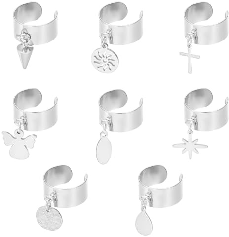 UNICRAFTALE 8pcs 8 styles Bague Breloques Acier Inoxydable avec Pendentifs Ronds en Forme Ange Croix Bague Réglable Bague pour Femme pour Cadeaux de Noël du Nouvel An Bague Ouverte Bijoux Cadeaux