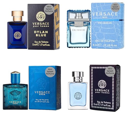 Versace Cologne for Men Set of 4 Mini Eros, Pour Homme, Dylan Blue, Eau Fraiche Perfume for Men Fragrance Sampler Set - Designer Mens Cologne Samples (4 Count, 0.17 oz)