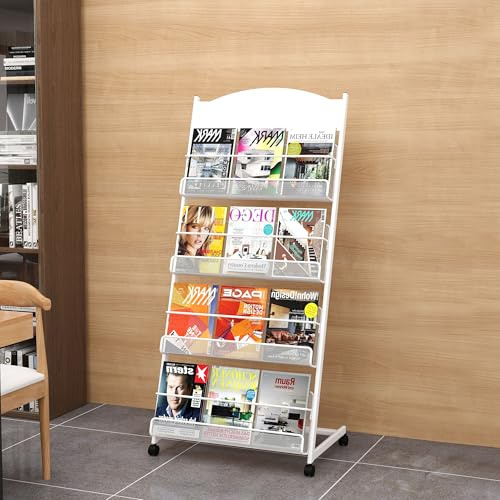 tonchean Magazine Display Rack 4 Tier with Wheels, Metal Brochure Stand 63x36x146cm, Floor Standing Literature Display Stand Newspaper Catalog Holders for Trade Show, Exhibitions, Home and Office