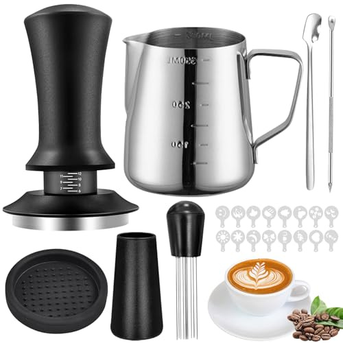 Kaffe tamperset 51 mm, espressomaskin, 22 st, barista tillbehörsset med skumkopp, tamper, omrörningssked, tampermatta, kaffeblandare, latte konstpenna och dekorativa mallar för espressomaskin