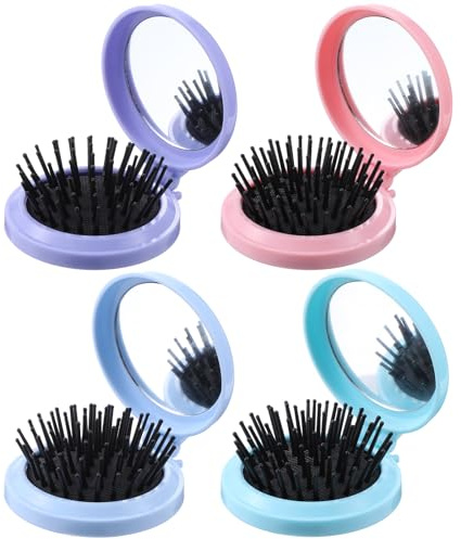 Wanmu 4 Pcs Folding Travel Mirror Hair Brushes, Portable Round Pop up Pocket Brush, Mini Compact Travel Size Hair Massage Comb for Women Girls Wet Dry Hair (Pink, Blue, Green, Purple)