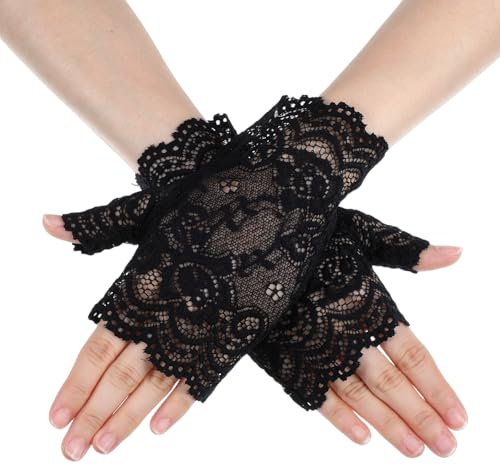 Ouligay Spitze Handschuhe Fingerlose Damen Kurze Schwarz Spitzenhandschuhe Damen Netzhandschuhe Schwarz Elegant Fingerlos Kurze Handschuhe für Teeparty Halloween Abschlussball Cosplay