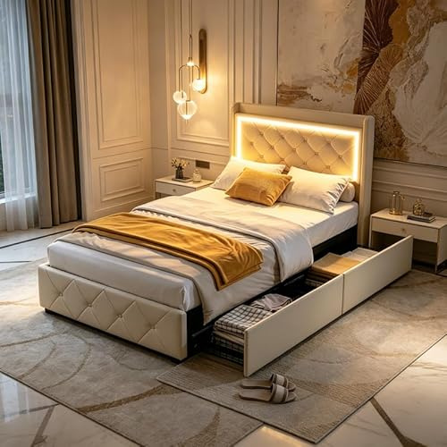 QMTXBYJ Lit Coffre 90x200 avec éclairage LED et USB, Lits Simple 90x200 avec 2 Tiroirs,Tete de lit Rembourré avec Espace de Rangement, Lits 1 Place avec Sommier à Lattes(sans Matelas)