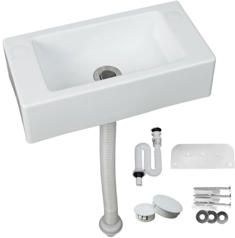 Plasthandfat, hällhandfat, handtvättställ, enkelt handfat i plast med slang, avloppspropp för trädgård, garage, källare, husbil (vit, 40 x 20 cm)