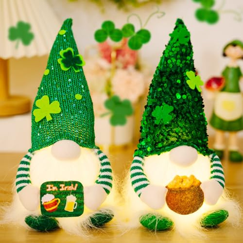 BIZOI Gnomi del Giorno di San Patrizio, 2 Pezzi St Patrick's Day Gnomi Bambole Incandescente Luci, Festival Irlandese Gnomo Leprechaun Shamrock Vacanze Elfo Bambola Senza Volto Decorazione per Feste