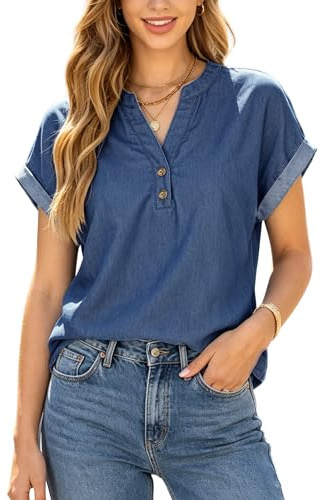 Womens Short Sleeve Shirt Tops V Neck Rolled Cuff Denim Shirt Top