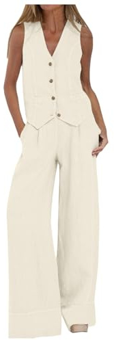 Ensemble 2 Pièces Gilet et Pantalon pour Femme avec Col en V sans Manches Pantalon à Jambe Large Costume D'été Assorti Ensemble d'affaires Tailleur