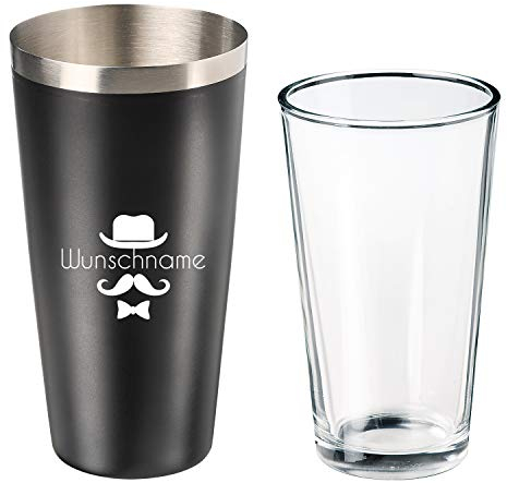 Personalisierter Boston Shaker mit Glas 700 ml - Geschenkidee für Männer & Frauen - Cocktailshaker Edelstahl mit Antirutschbeschichtung - Bar Zubehör zu Weihnachten für Papa, Freund, Opa (Mustache)