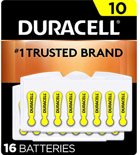 Duracell Hearing Aid Batteries Yellow Size 10, 16 Count Pack, 10A Size Hearing Aid Battery with Long-Lasting Power, Extra-Long EasyTab Install for Hearing Aid Devices