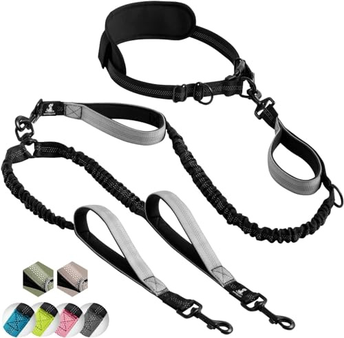 SparklyPets - Correa Doble Manos Libres para Perros de Raza Mediana y Grande, arnés Profesional con Costuras Reflectantes, para Entrenar, Caminar, Trotar y Correr con tu Mascota (Gris, para 2 Perros)