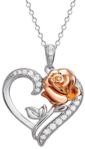 Disney Beauty and the Beast Pink Gold Over Sterling Silver Two Tone Enchanted Rose Cubic Zirconia Heart Necklace, 18