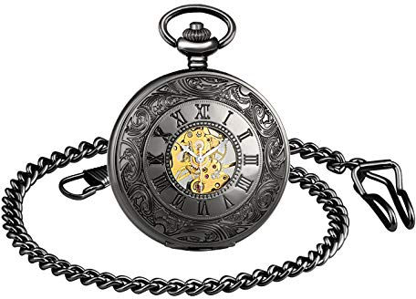 Unendlich U Herren Unisex Fashion Retro Handaufzug Mechanische Taschenuhr Römische Ziffern Duale Zeitanzeigen Hohle Skelett Kettenuhr Pullover Halskette Geschenk für Weihnachten Vatertag