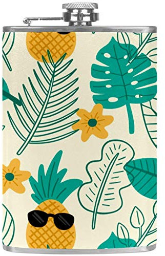 Leather Pocket Flagon Whiskey Flask with Handsel Funnel for Camping Fishing BBQ Party Bar Drinkers Wine Bottle Tropical Flowers Plants Pineapples