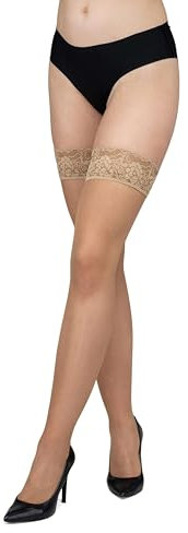 LORES Medias autoadhesivas de sujeción para mujer con encaje, medias de muslo alto de silicona, 15 denier, por encima de la rodilla, Golde M/L