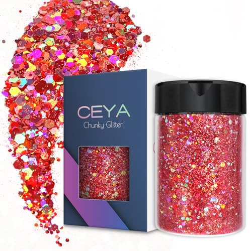 Ceya holografisk Chunky Glitter 4,9 oz/140 g rosé rosa hantverk glitterpulver blandat krokigt fina flakes iridescent nagelsequins för nagelkonst, hår, epoxi harts, tumlare, smal, målning
