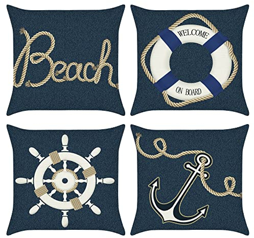 Bonhause 4er Set Kissenbezüge Nautisch Anker 45 x 45 cm Doppelseitig Denim-Textur Polyester Leinen Blau Dekorative Kissenhülle Zierkissenbezüge für Sofa Schlafzimmer Wohnzimmer Zuhause Dekoration