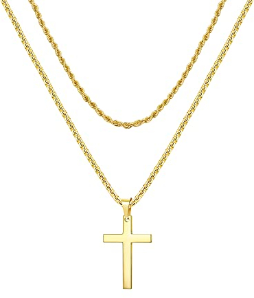YADOCA Cross Necklace for Men, Stainless Steel Silver Black Gold Layered Rope Chain Cross Pendant Necklace Simple Jewelry Gifts Chain Necklace for Men Women Boys Girls, Gold
