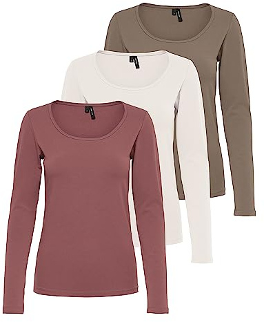 VERO MODA Women's Vmmaxi My Ls Soft Uneck Ga Noos Long Sleeve Shirts, 1 x Walnut, 1 x Rose Brown, 1 x Marshmallow, L
