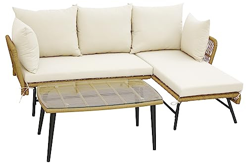 COSTWAY 3 Pieces Rattan Garden Furniture Set, L Shaped Patio Conversation Set with Cushions, Lounge & Tempered Glass Table, Outdoor Sectional Corner Sofa Set for Yard, Poolside and Lawn (Cream White)