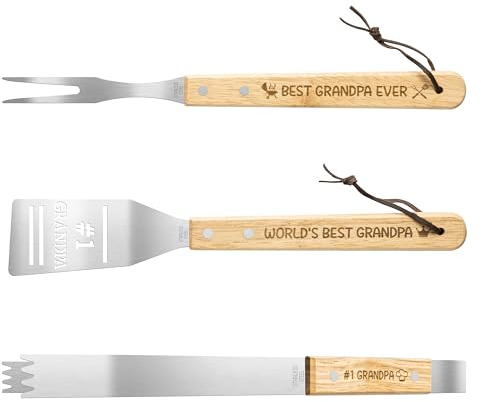 Haooryx Grandpa Grilling BBQ Tool Accessories Set - 3PCS Best Grandpa Ever Stainless Steel Grilling Spatula Tong Fork Father's Dy Birthday Present Outdoor Camping Barbecue Housewarming Party Supplies