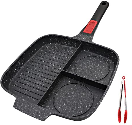 Bobikuke 3 in 1 Grill Pan for Stove Tops with Detachable Handle, Nonstick Versatile Griddle Divided Pan, Square Skillet PFOA Free, Black