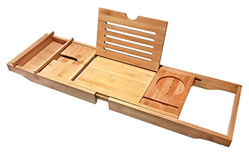 Vassoio per vasca da bagno in bambù, vassoio per vasca da bagno 2 in 1 espandibile, per bagno di lusso, include asciugamano in cotone, portasapone, fessura per bicchiere di vino e scatola doppia