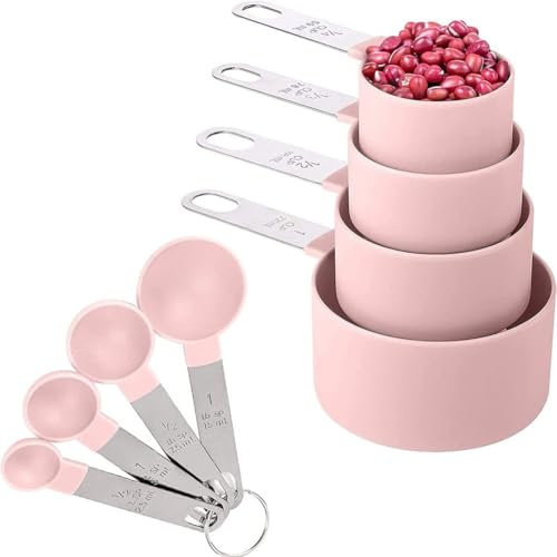 Rightox Measuring Cups and Spoons Food Graded Plastic Stackable Kitchen Utensil Set of 8 Pink (8 Pcs Pink)